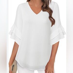 Elegant White V-Neck Ruffle Blouse